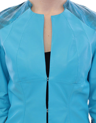 Vladimiro Gioia Exquisite Blue Leather Jacket with Snake Print Detail