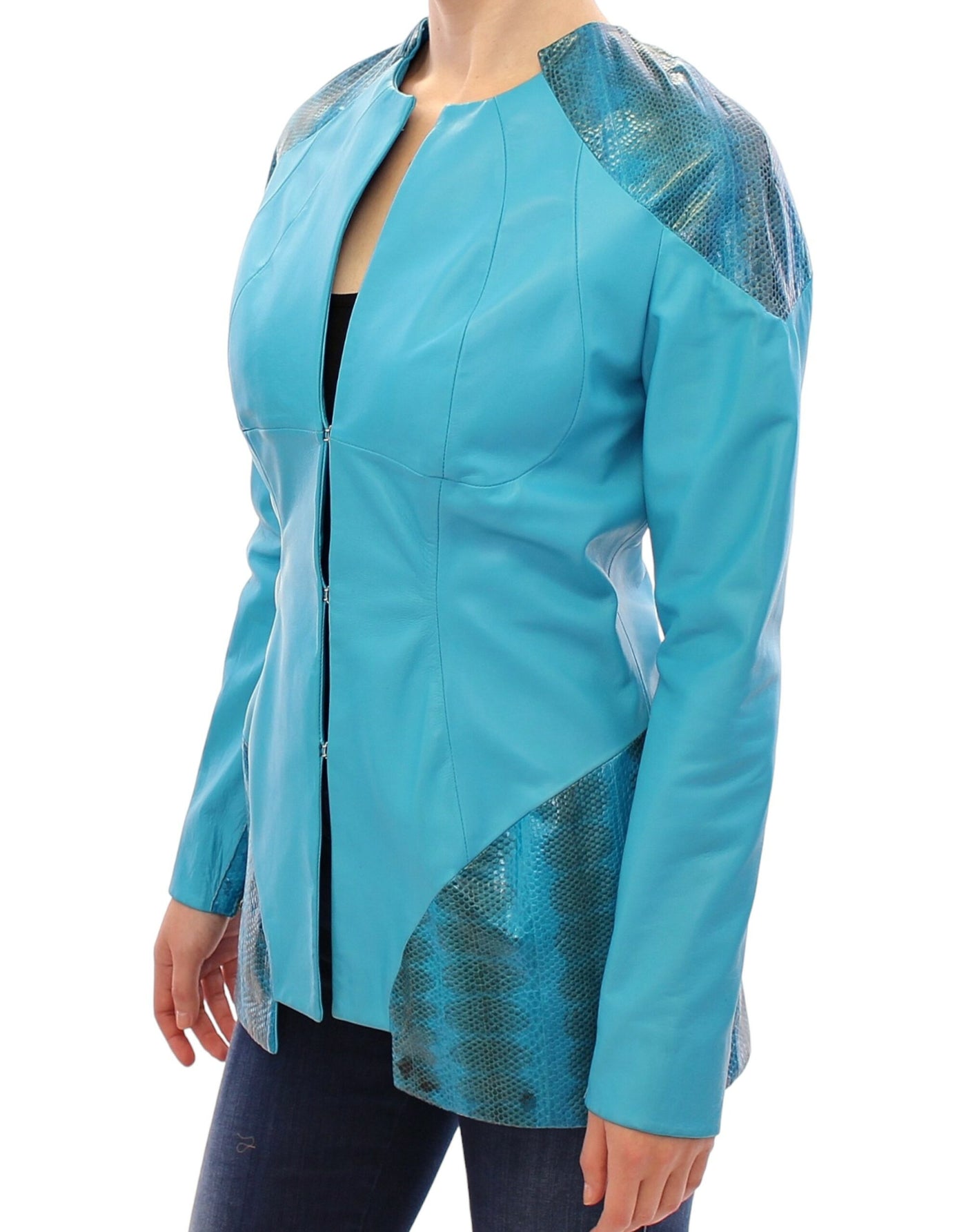 Vladimiro Gioia Exquisite Blue Leather Jacket with Snake Print Detail