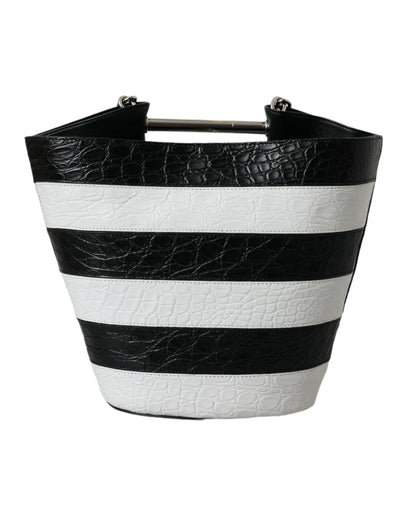Balenciaga Black White Striped Exotic Skin Leather Maxi Bucket Tote Bag