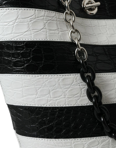 Balenciaga Black White Striped Exotic Skin Leather Maxi Bucket Tote Bag