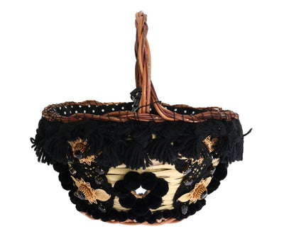 Dolce & Gabbana Beige Straw Snakeskin Pom Pom Crystal AGNESE Bag