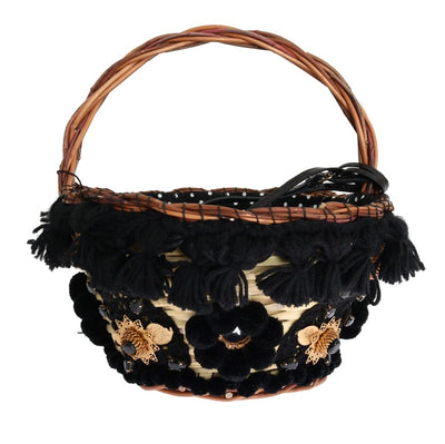 Dolce & Gabbana Beige Straw Snakeskin Pom Pom Crystal AGNESE Bag