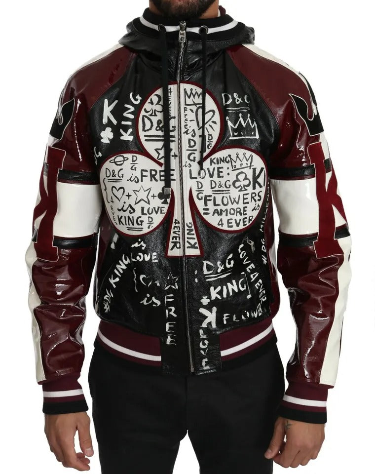 Dolce & Gabbana Black Bordeaux Hooded Leather DG King of Love Jacket