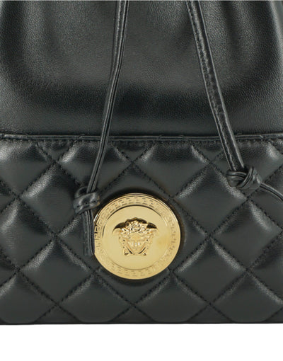 Versace Elegant Black Leather Medusa Bucket Shoulder Bag