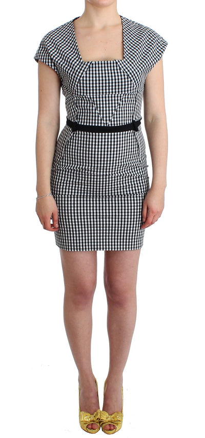 GF Ferre Black White Checkered Belted Sheath Dress