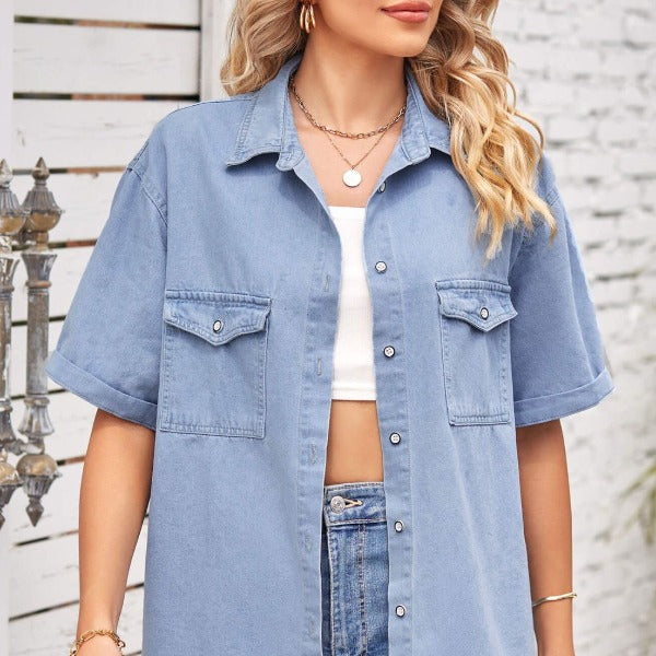 Collared Neck Short Sleeve Denim Jacket