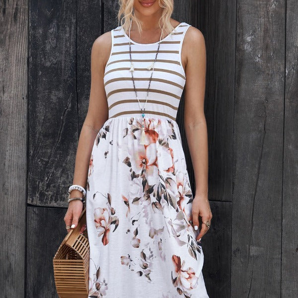 Striped Floral Round Neck Sleeveless Maxi Dress - Ushaka International Marketplace