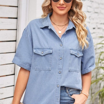 Collared Neck Short Sleeve Denim Jacket