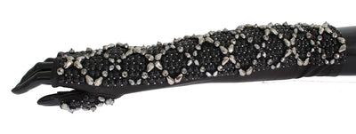 Dolce & Gabbana Black Leather Crystal Beaded Finger Free Gloves