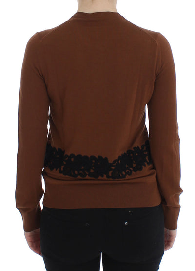 Dolce & Gabbana Brown Wool Black Lace Cardigan Sweater