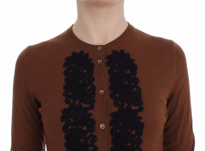 Dolce & Gabbana Brown Wool Black Lace Cardigan Sweater