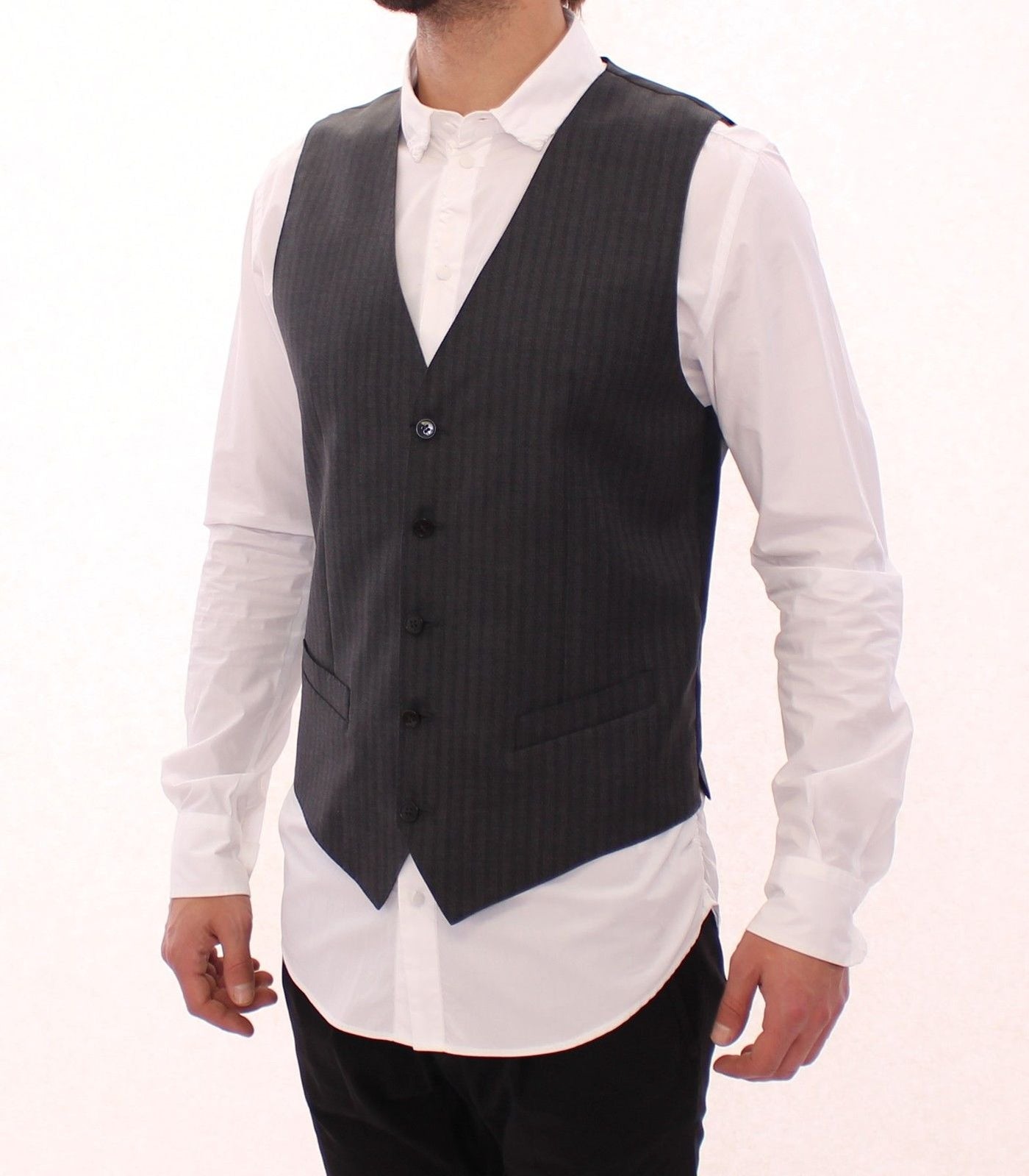 Dolce & Gabbana Gray Striped Wool Single Breasted Vest