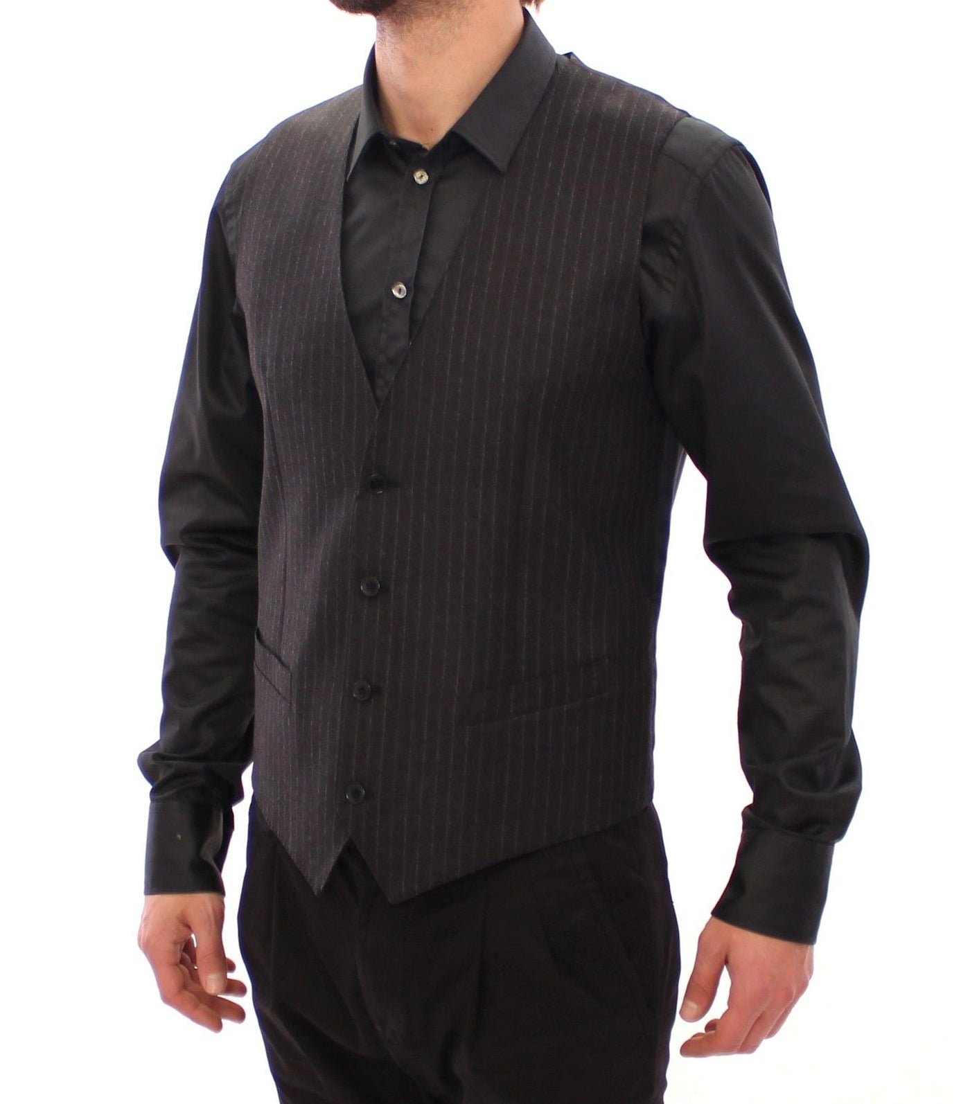 Dolce & Gabbana Gray Striped Wool Logo Vest Gilet Vests