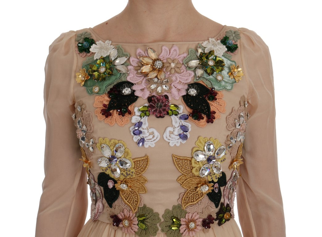 Dolce & Gabbana Pink Silk Floral Crystal Maxi Gown Dress