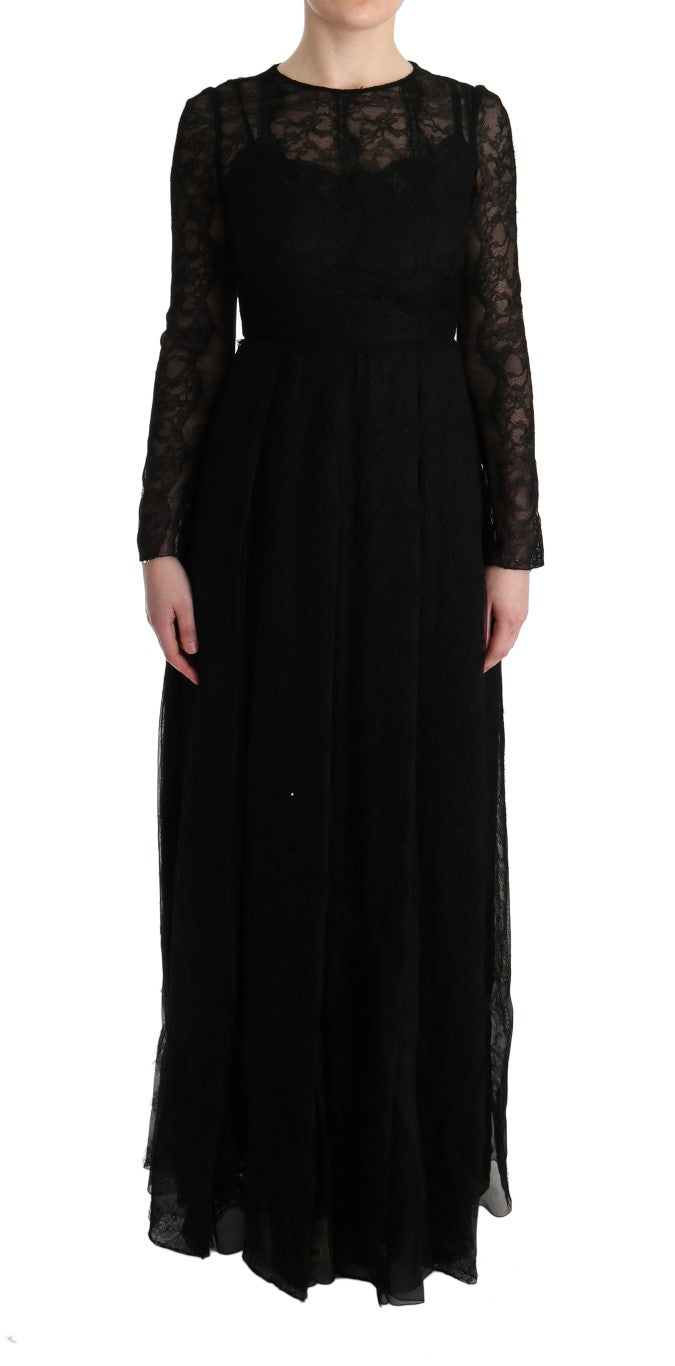 Dolce & Gabbana Black Floral Lace Sheath Silk Dress