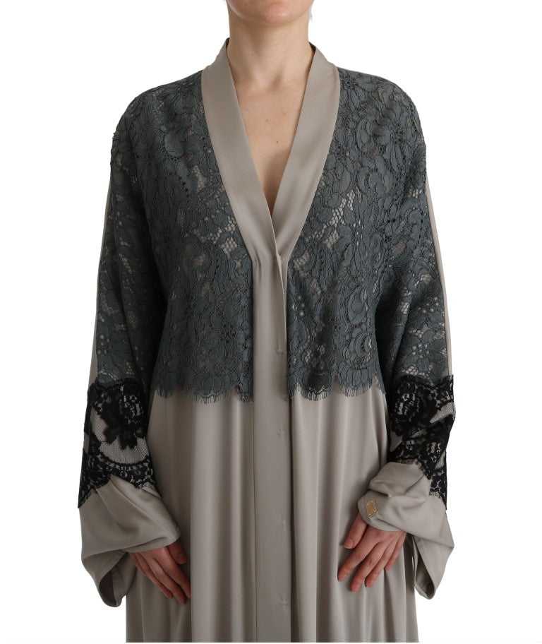 Dolce & Gabbana Gray Floral Applique Lace Kaftan Dress