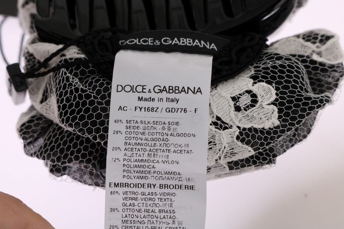 Dolce & Gabbana Black White Floral Lace Crystal Hair Claw