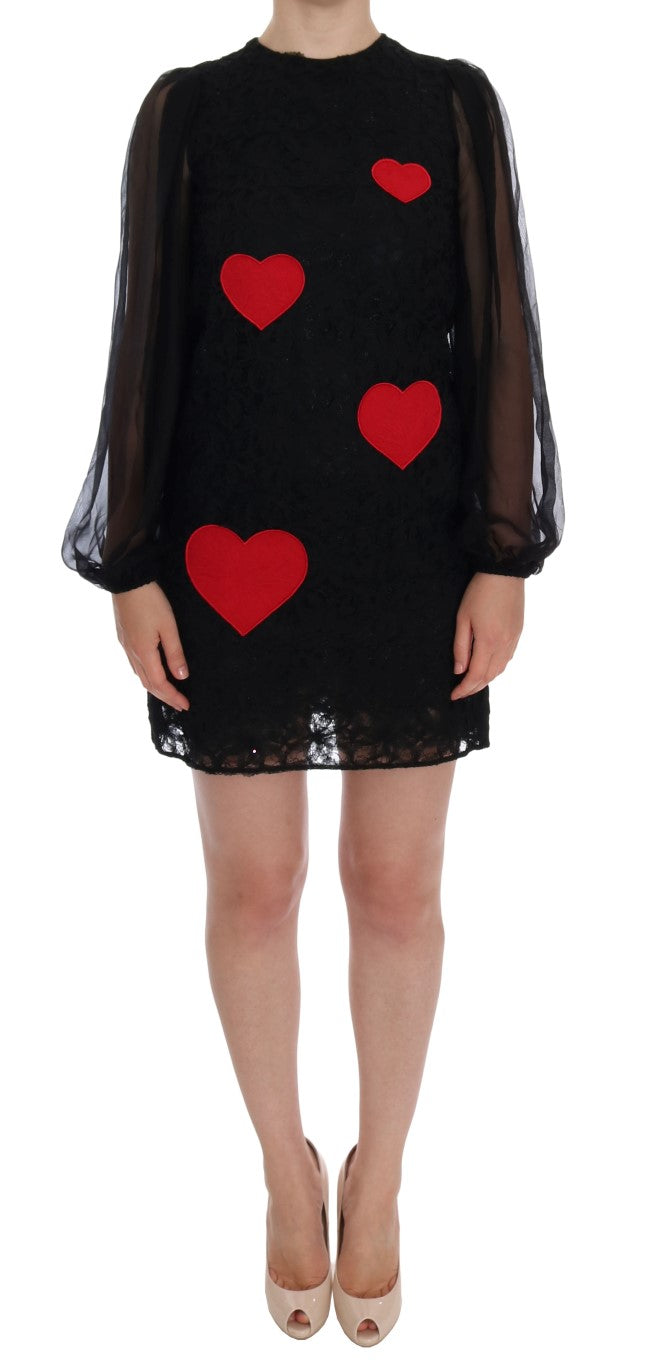 Dolce & Gabbana Black Lace Red Heart Shift Dress
