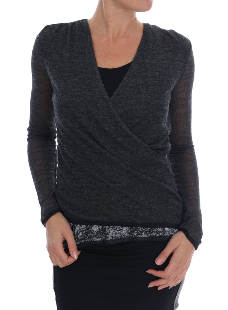 Ermanno Scervino Gray Wool Lace Top Long Sleeved T-shirt