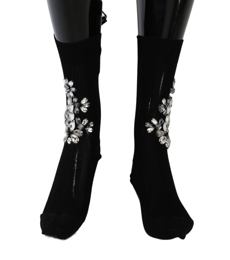 Dolce & Gabbana Black Knitted Floral Clear Crystal Socks