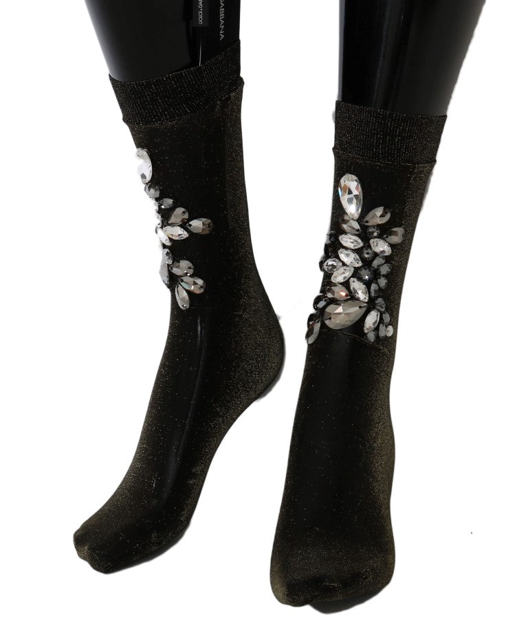 Dolce & Gabbana Black Stretch Floral Clear Crystal Socks