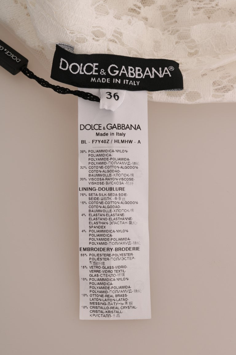 Dolce & Gabbana White Crystal Embellished Lace Blouse