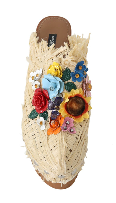 Dolce & Gabbana Beige Raffia Mules Floral Slides