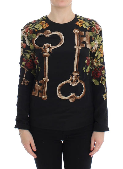 Dolce & Gabbana Black Key Floral Print Silk Blouse Top