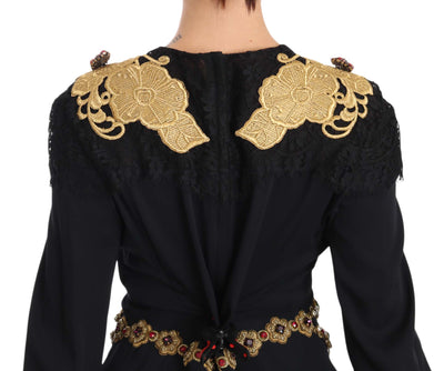 Dolce & Gabbana Black Silk Stretch Gold Crystal Dress