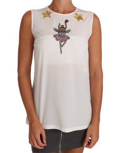 Dolce & Gabbana White Silk Embellished Crystal Sequin Fairy Top