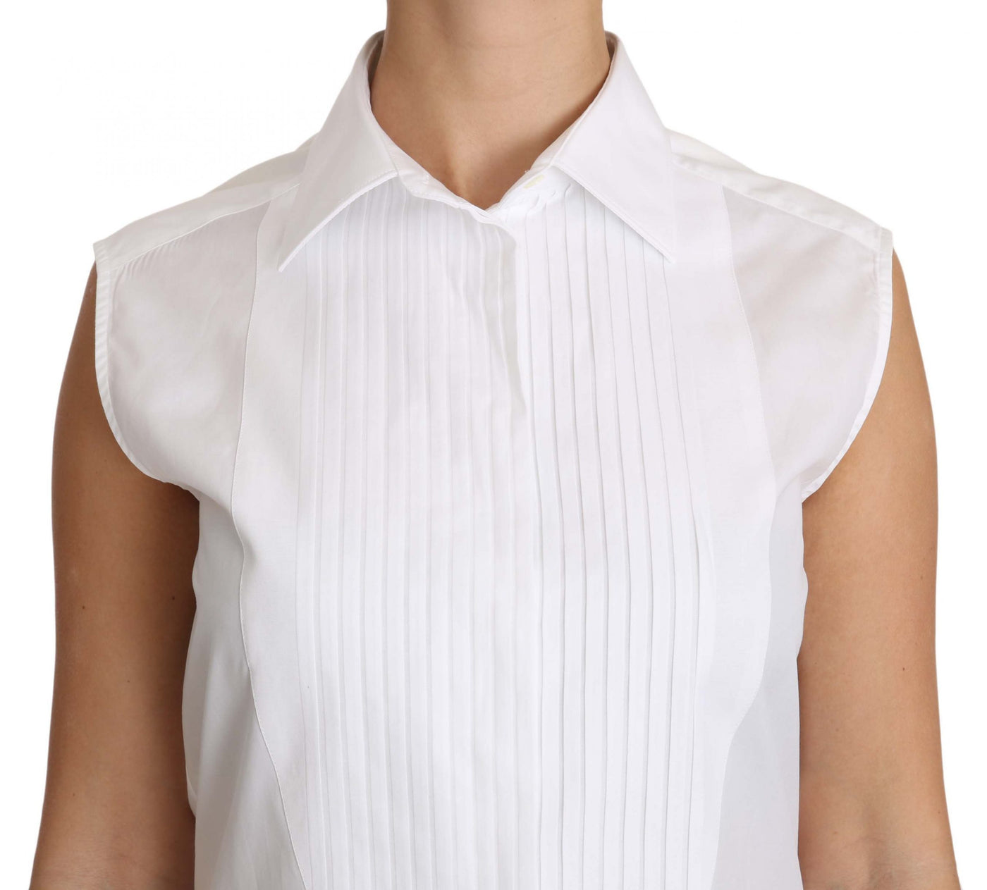 Dolce & Gabbana White Cotton Collar Down Sleeveless Blouse Shirt