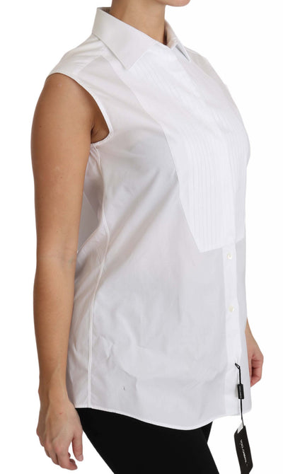 Dolce & Gabbana White Cotton Collar Down Sleeveless Blouse Shirt