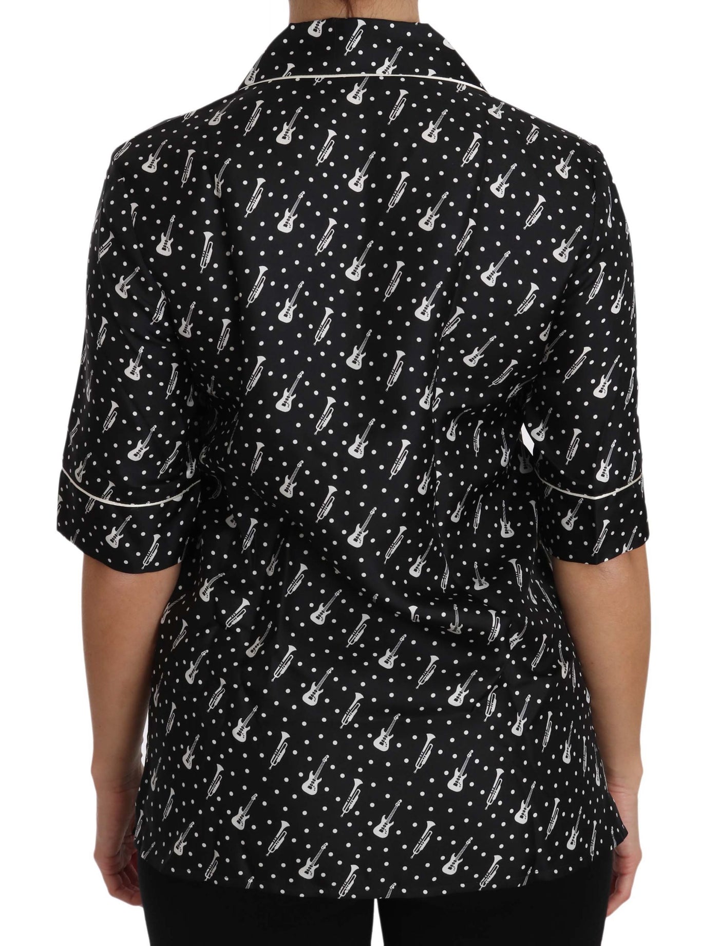 Dolce & Gabbana Black Guitar & Trumpet Print Silk Shirt Top