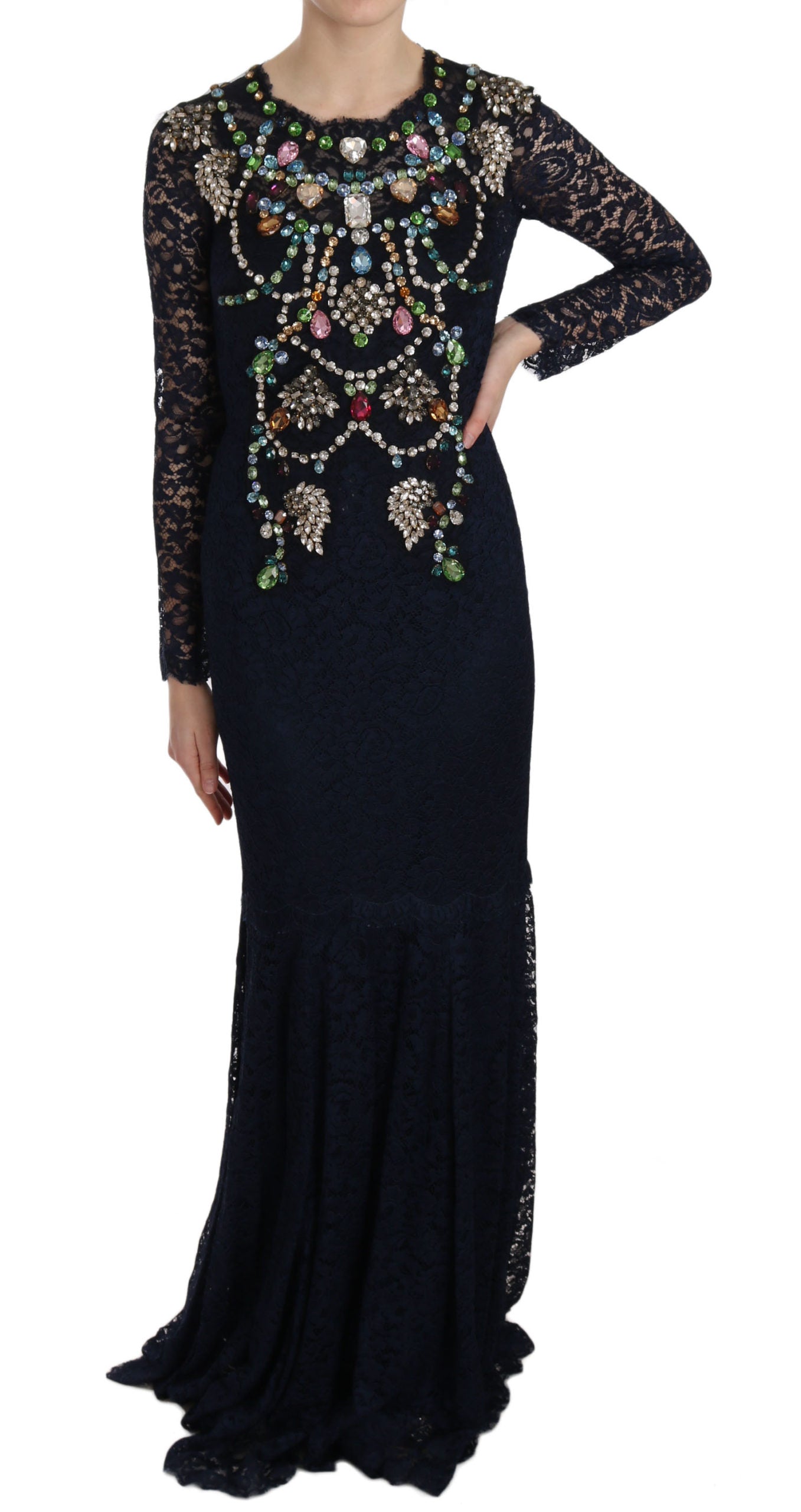 Dolce & Gabbana Blue Crystal Floral Lace Long Gown Dress