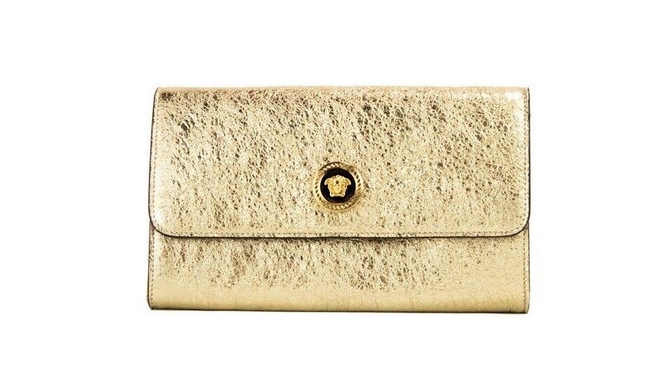 Versace Small Metallic Gold Lamb Leather Medusa Clutch Crossbody Wallet Purse