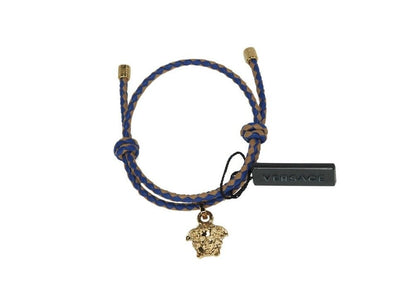 Versace Braided Brown Blue Smooth Leather Adjustable Small Medusa Charm Bracelet