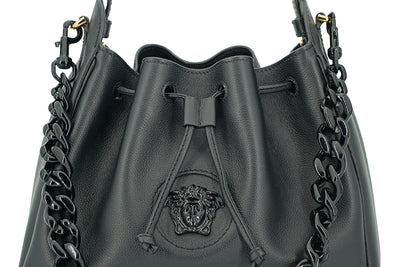 Versace Elegant Black Leather Medusa Hobo Bag