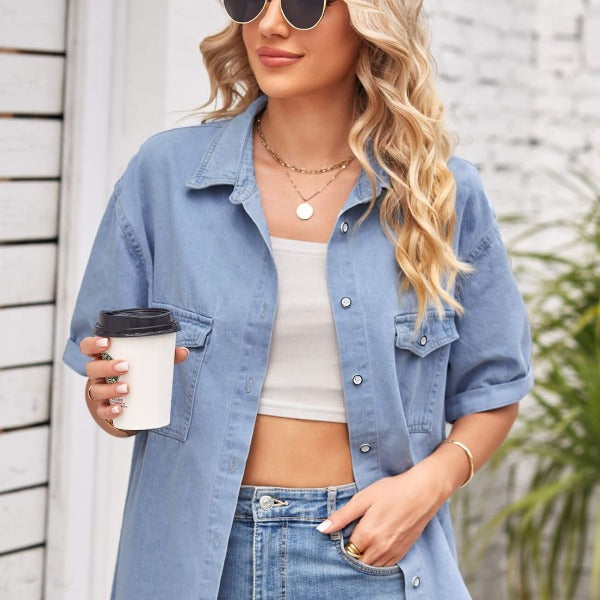 Collared Neck Short Sleeve Denim Jacket