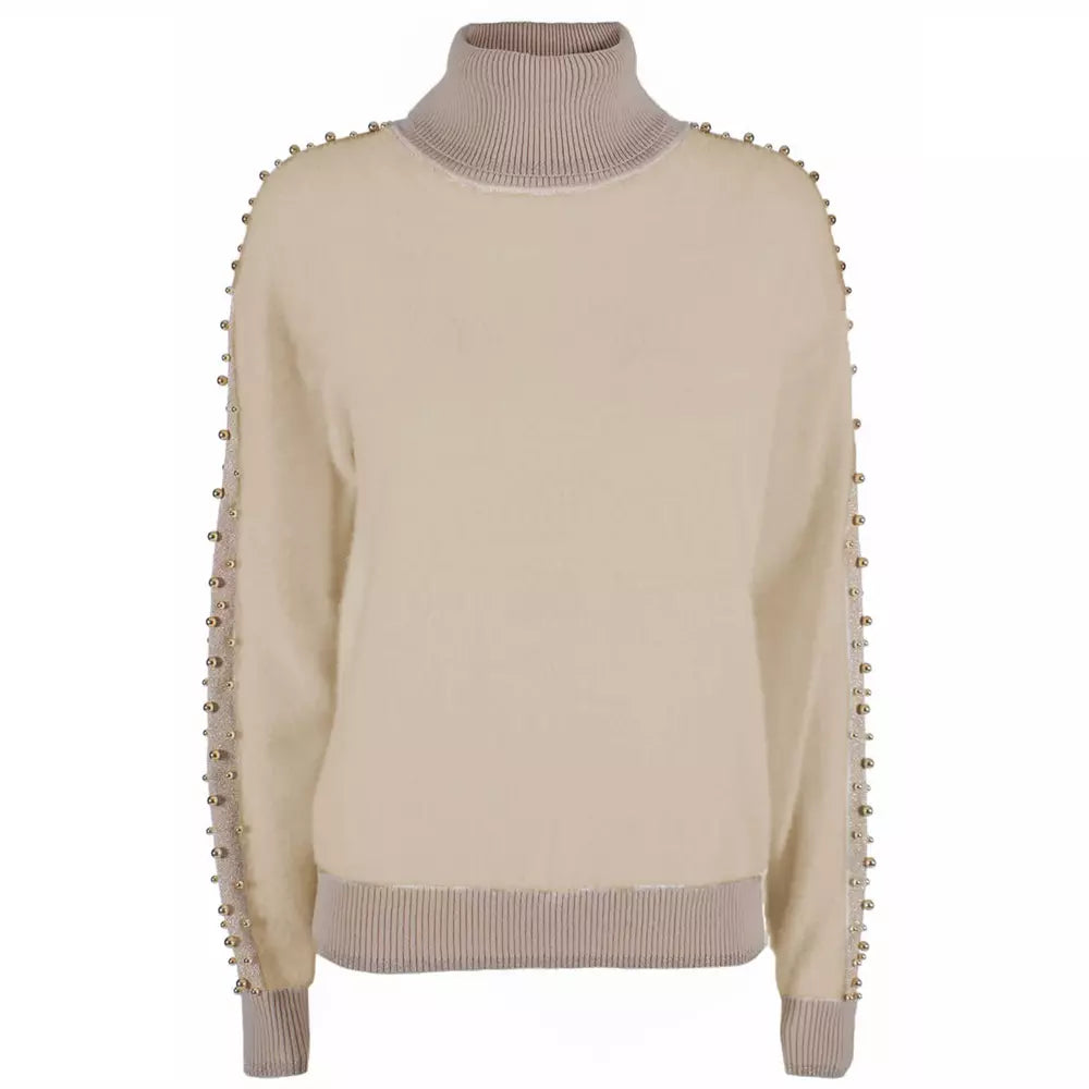 Yes Zee Beige Metallic Sleeve Turtleneck Sweater