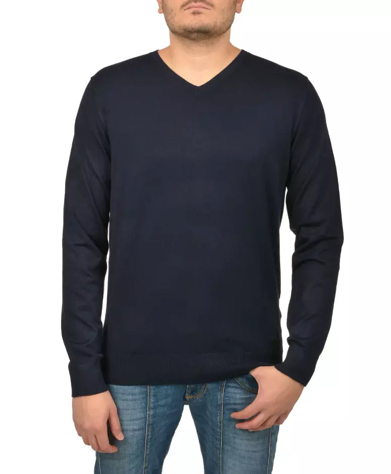 Yes Zee Navy Blue Viscose V-Neck Sweater – Timeless Elegance