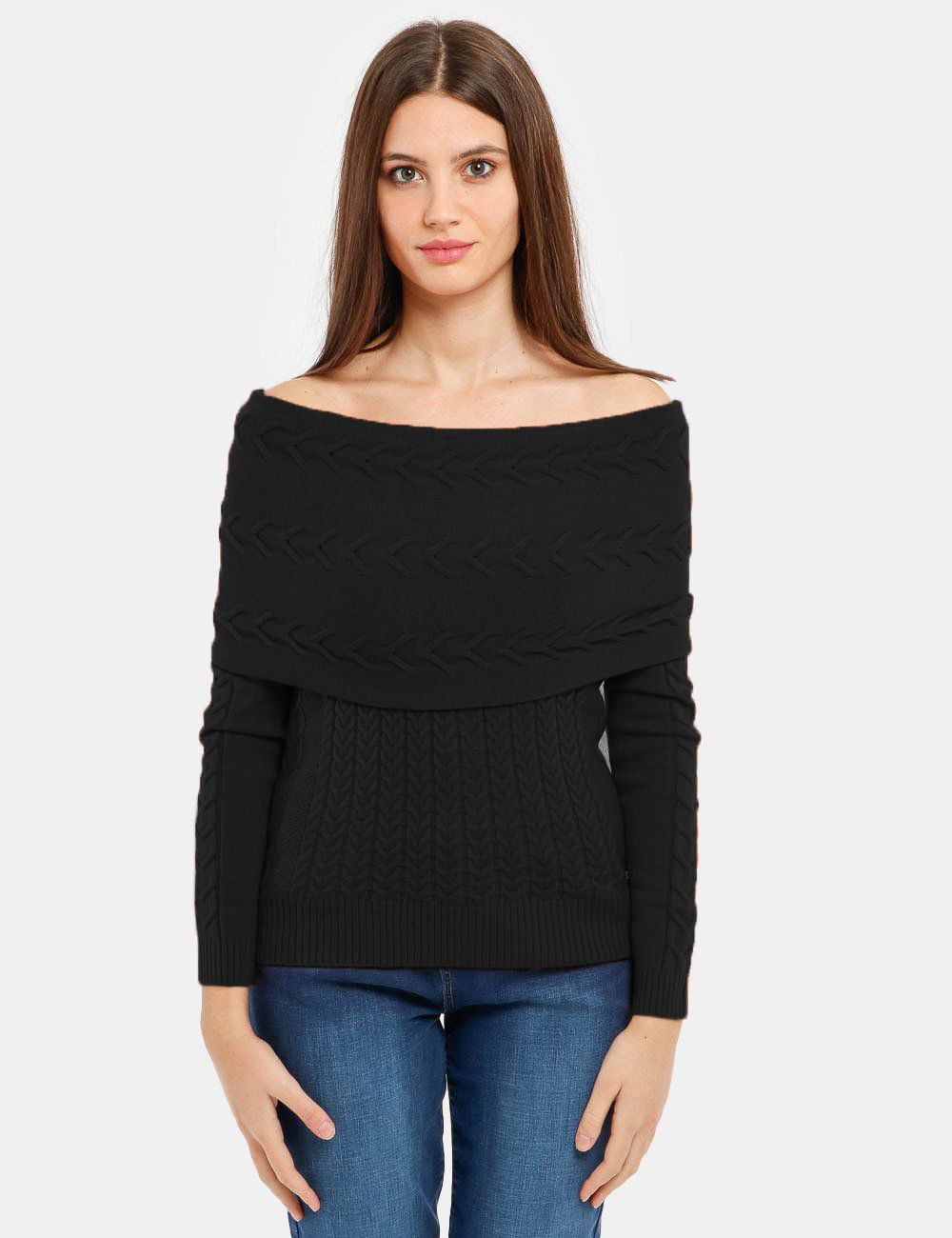 Yes Zee Chic Black Wide Neck Sweater with Logo Detail