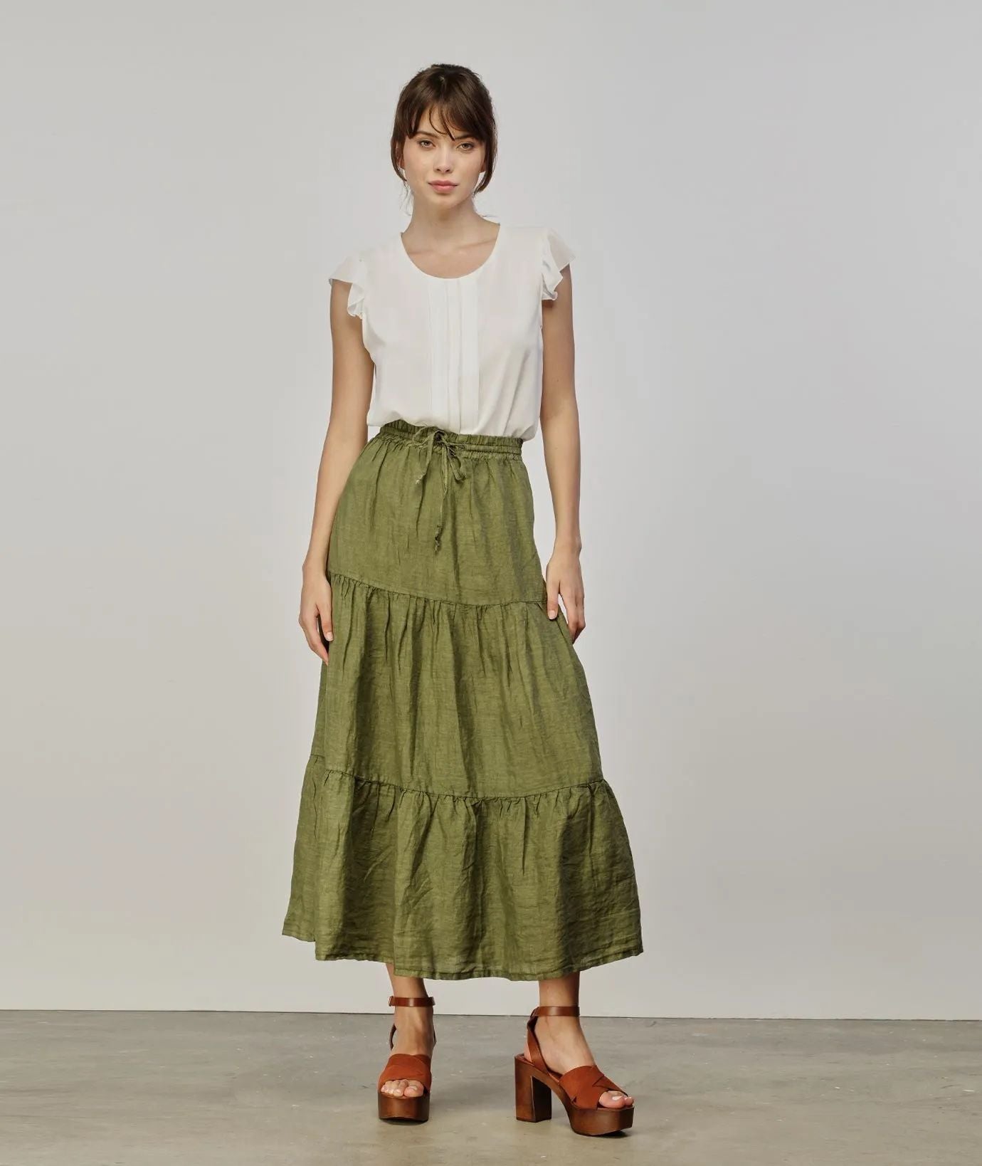 Yes Zee Elegant Long Green Linen Skirt