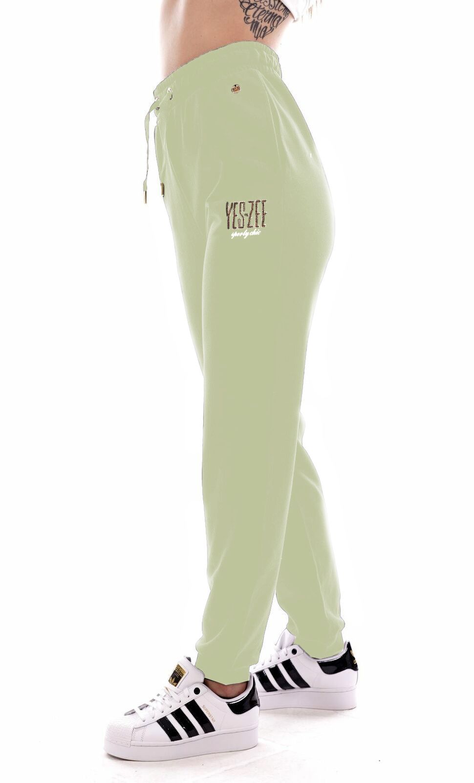 Yes Zee Rhinestone Logo Sweatpants in Chic Green