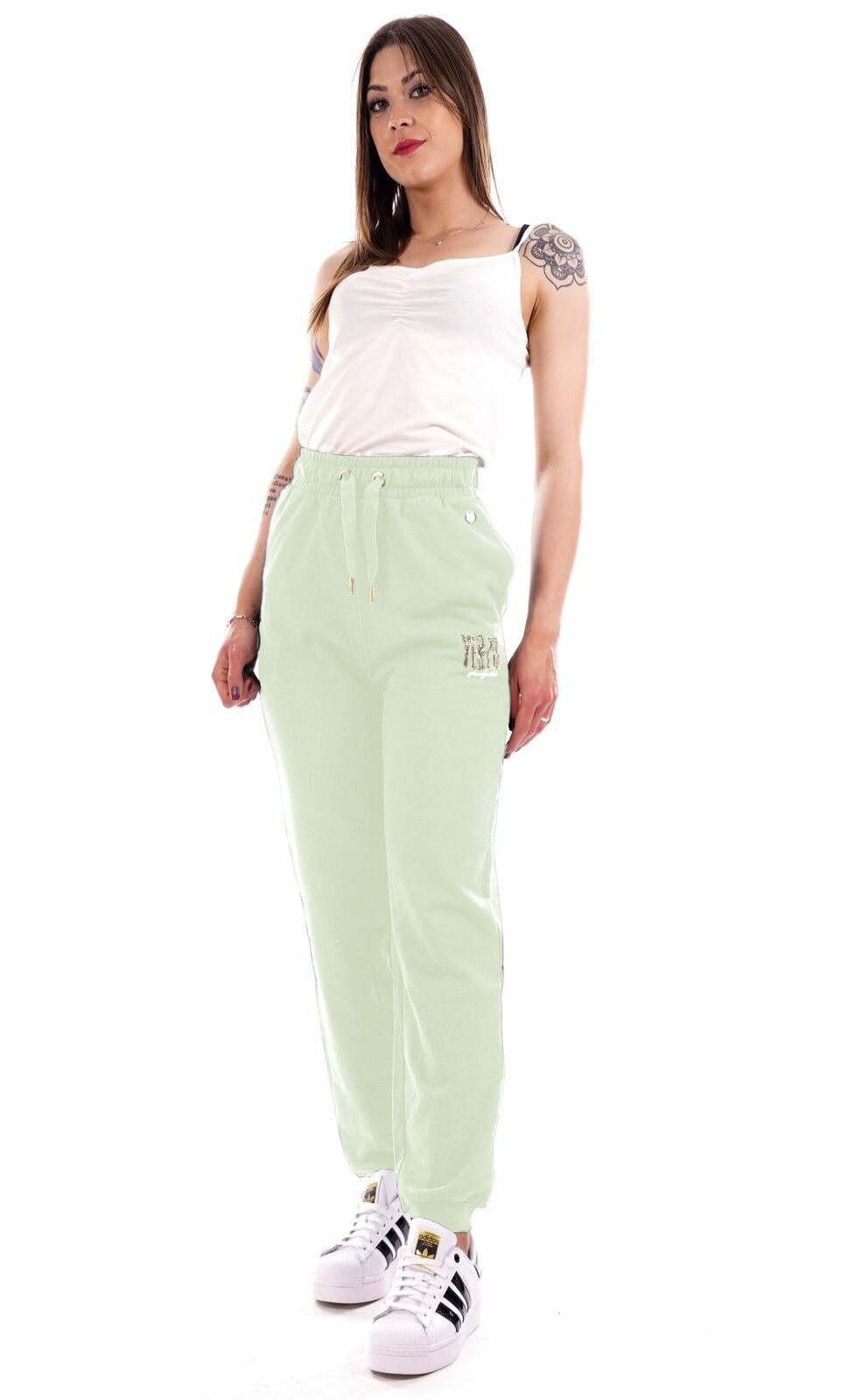 Yes Zee Rhinestone Logo Sweatpants in Chic Green