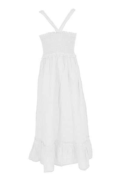 Yes Zee Elegant White Linen Maxi Dress with Smocked Bodice